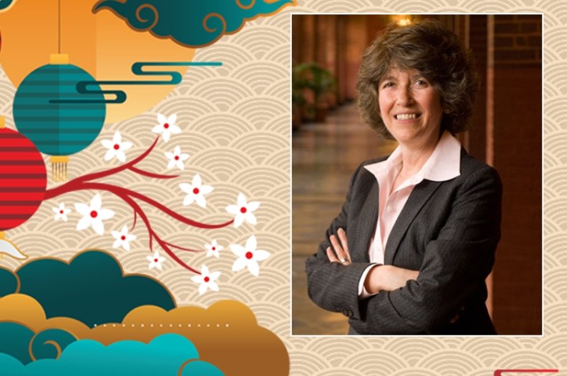 A photo of Nancy Bernkopf Tucker on an artistic background