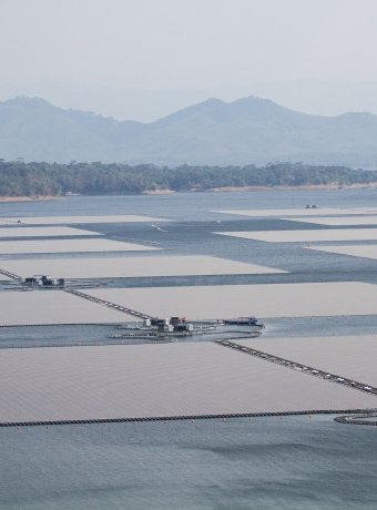 Aerial view of Floating solar panels or solar cell Platform system on the lake at Waduk Cirata